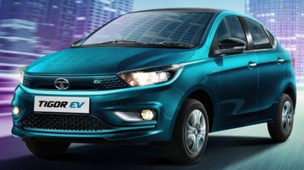 It is a picture of Tata Tigor EV electric car which is affordable and availble in Bhubaneswar.