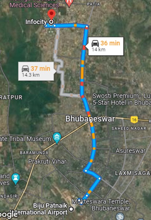 The photo shows the map from BBSR airport to Infocity Square