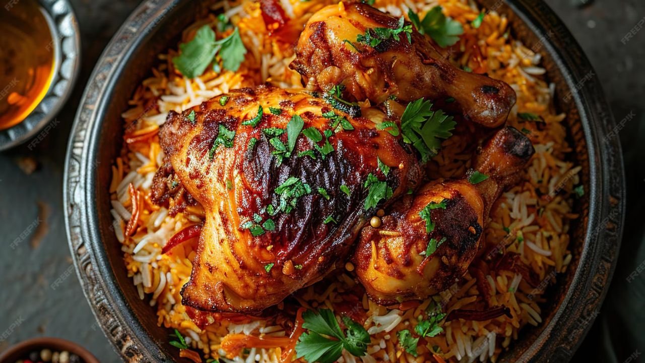 Top view of biryani box filled with flavorful chicken biryani