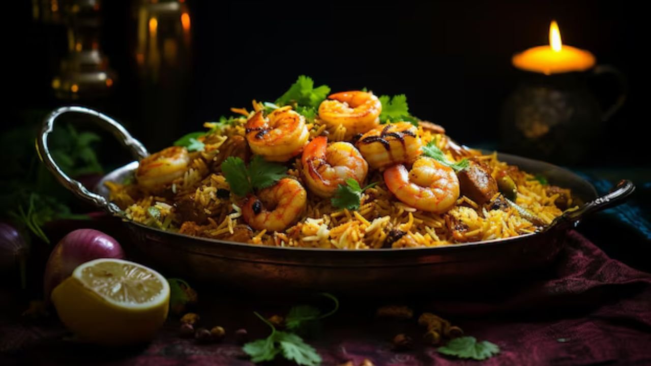 Prawn biryani topped with fried onions and coriander leaves