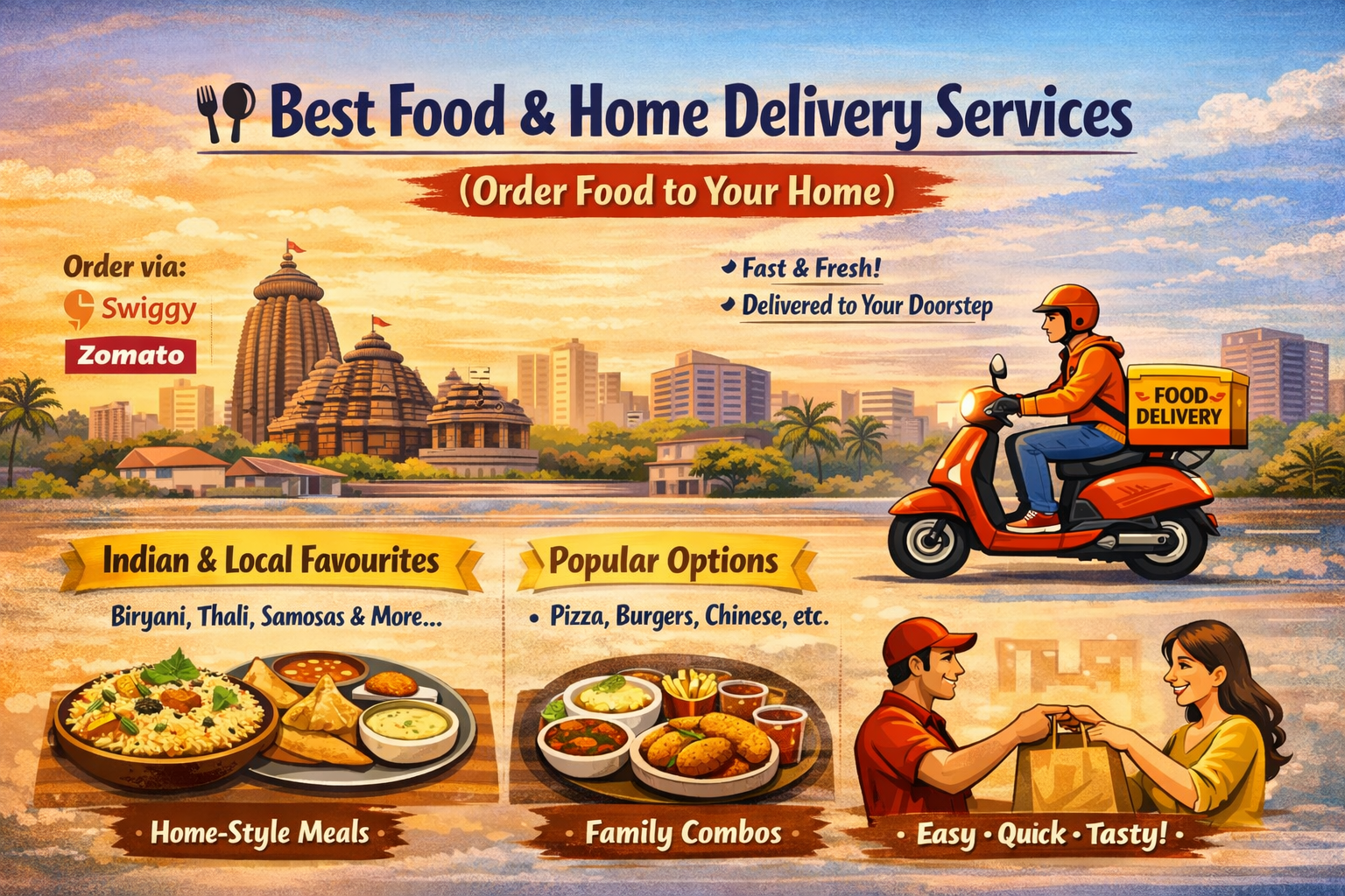  Illustration promoting best food delivery services with a rider on a scooter carrying food. Options include Indian favorites like biryani and samosas, as well as pizza and burgers. Features home-style meals and family combos. Emphasizes ease, speed, and tastiness, with ordering via Swiggy and Zomato. Background shows a cityscape with temples and modern buildings.