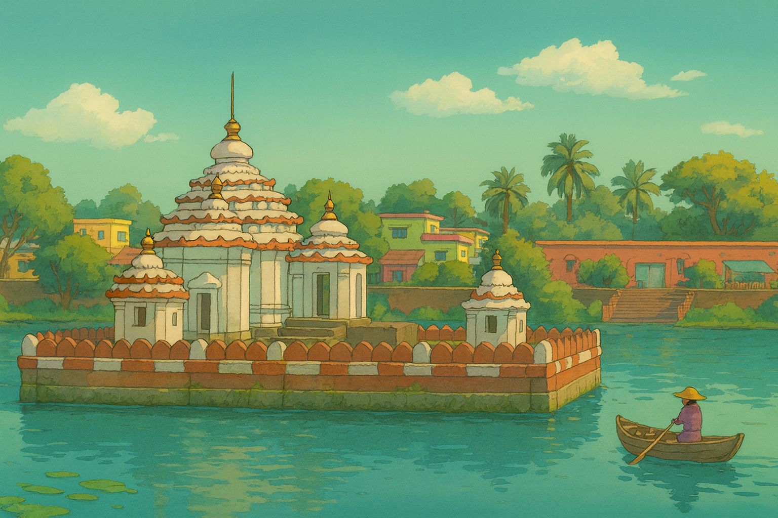 The  image shows the  Bindusagar lake is calm and peaceful beside the Lingaraj Temple. The white and red temple buildings shine in the still water, creating a quiet and beautiful scene.