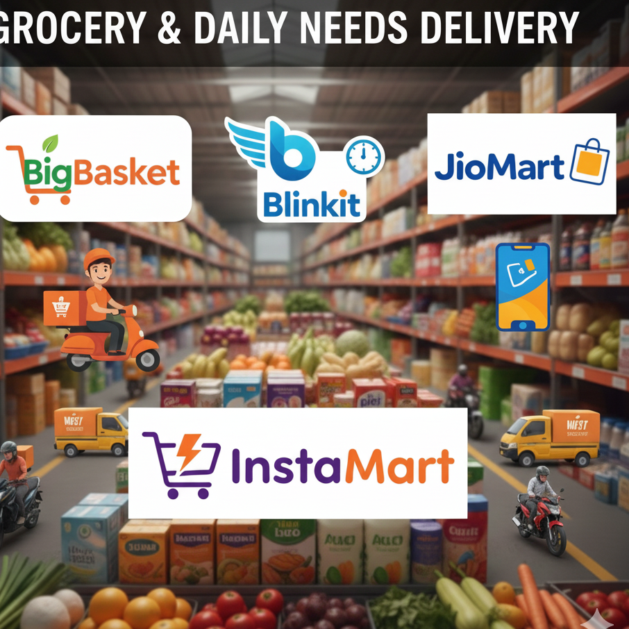 Online grocery delivery service logos, including BigBasket, Blinkit, JioMart, and InstaMart, overlaid on a supermarket aisle with fresh produce and delivery vehicles. The image conveys convenience and accessibility in daily shopping