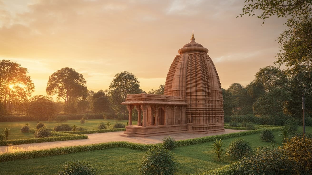 This picture visually represents the Rajarani Temple Bhubaneswar during a serene sunset, highlighting its Kalinga architectural style, peaceful garden surroundings, and overall aesthetic beauty. It helps readers visualize the ambiance and charm of the temple as described in the article.