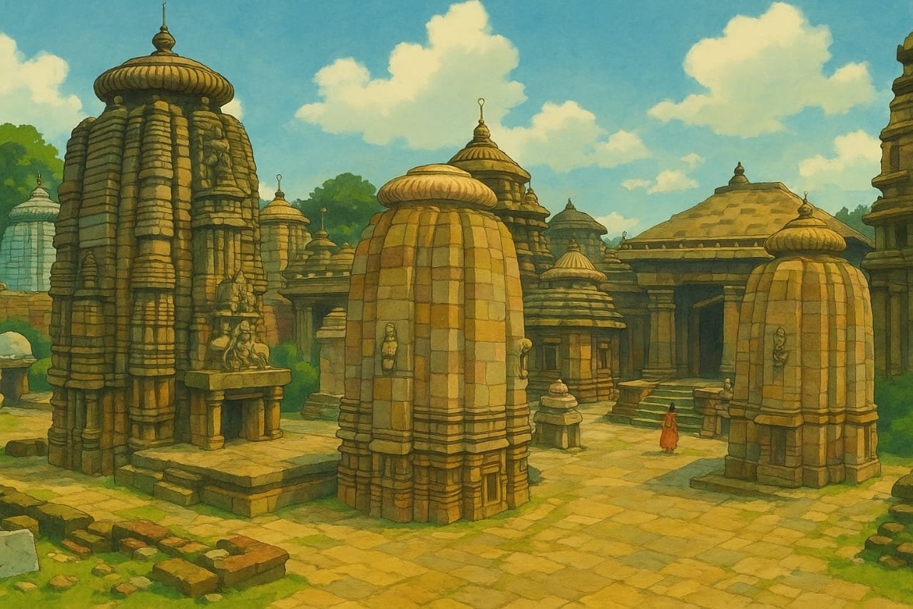 The image shows the old stone structures of the Lingaraj Temple complex, with beautifully carved towers and small shrines standing close to each other. The detailed designs and peaceful surroundings highlight the temple’s long history and beauty.