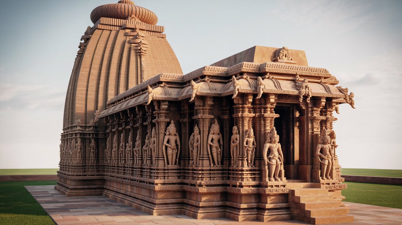 Hyper-realistic depiction of Kalinga architecture inspired by the Rajarani Temple Bhubaneswar, showing detailed stone carvings, curvilinear shikhara, and intricate sculptural work.