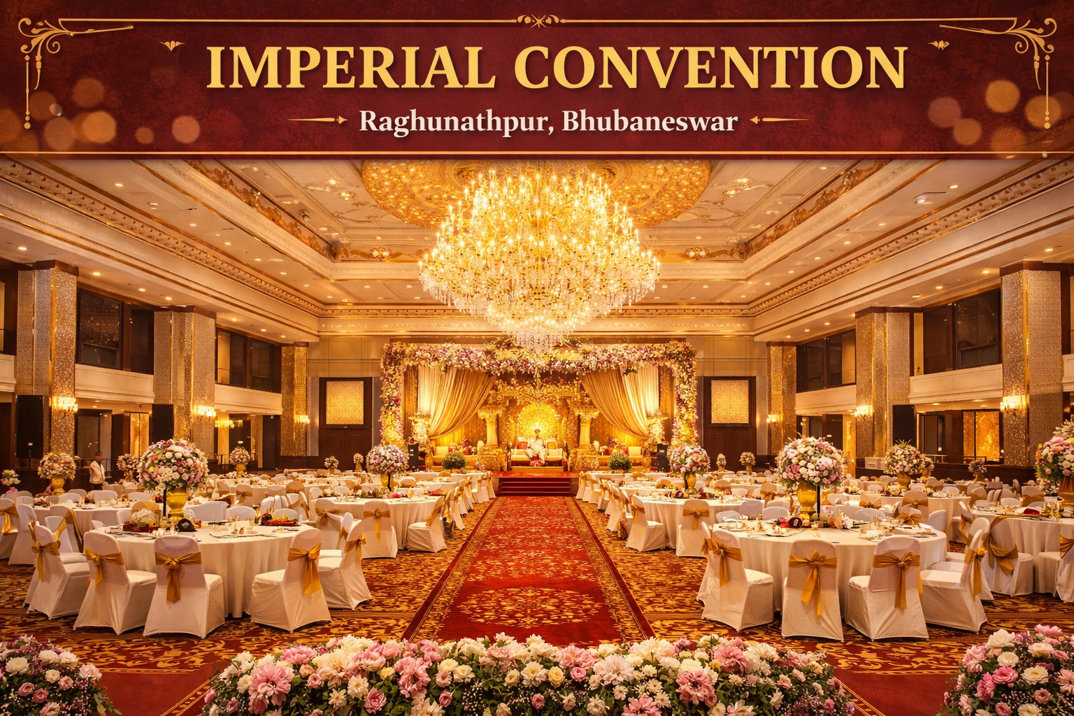 Luxurious banquet hall at Imperial Convention, Raghunathpur, Bhubaneswar. Features elegant chandeliers, lavish floral decor, and neatly arranged tables.