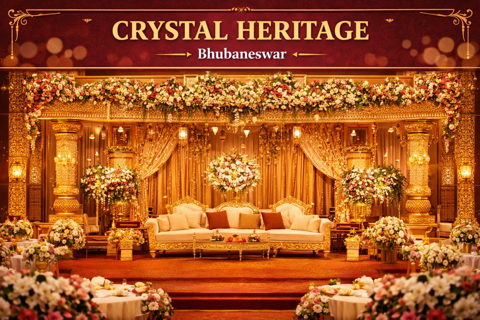 Luxurious wedding stage at Crystal Heritage, Bhubaneswar, adorned with elaborate gold decor and vibrant floral arrangements, evoking elegance and celebration.