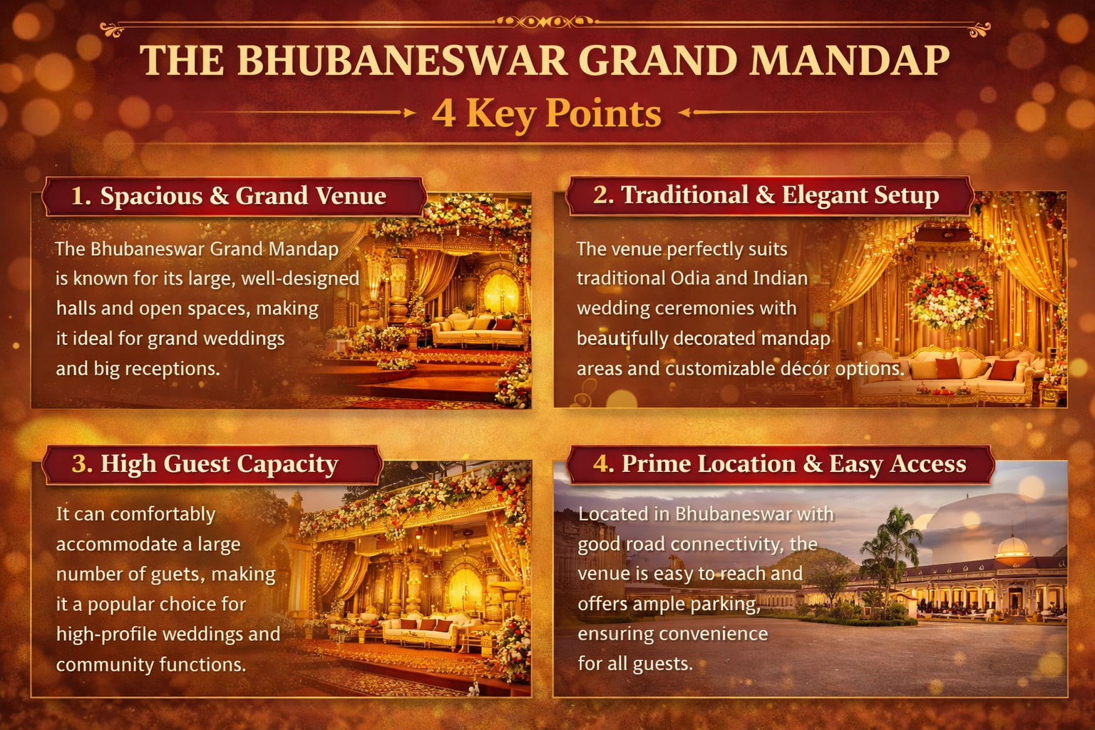 Alt text: "Infographic titled 'The Bhubaneswar Grand Mandap: 4 Key Points' showcasing benefits of the venue. Includes points on spaciousness, traditional setup, high guest capacity, and prime location. Features images of elegantly decorated halls with warm lighting and floral arrangements, creating a grand and inviting atmosphere."