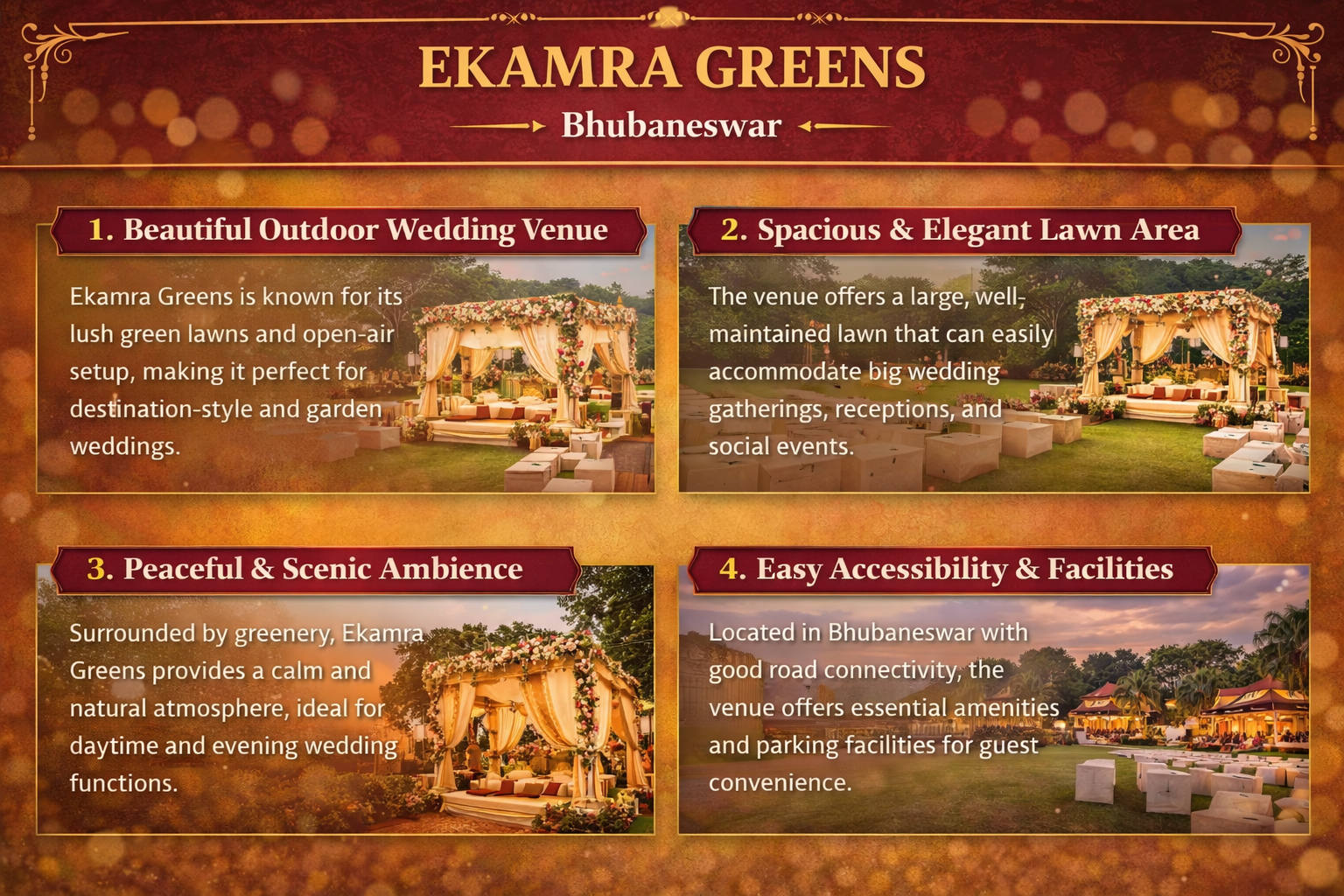 Alt text: "Promotional poster for Ekamra Greens in Bhubaneswar, highlighting features like outdoor wedding venue, elegant lawn, scenic ambiance, and easy accessibility. Images show beautifully decorated spaces with lush greenery, suitable for weddings and events."
