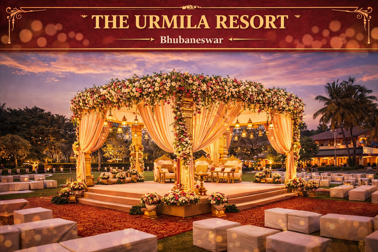 A beautifully decorated wedding pavilion at The Urmila Resort, Bhubaneswar, with draped fabric, floral garlands, and warm lighting at sunset. Elegant and inviting.