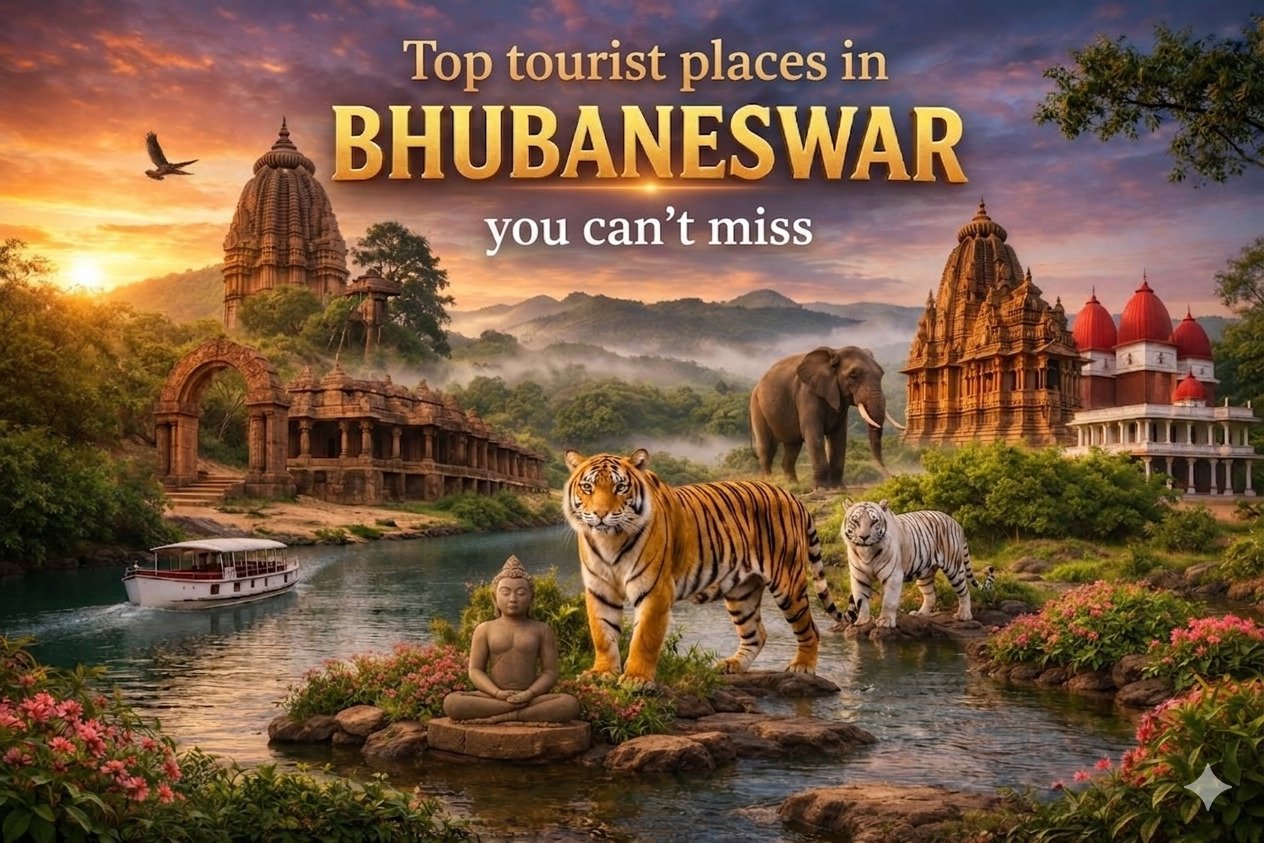 Top tourist places in Bhubaneswar with temples, wildlife, river and scenic landscape view
