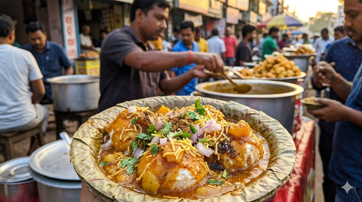 Street food in Bhubaneswar featuring Dahibara Aloodum and local snacks