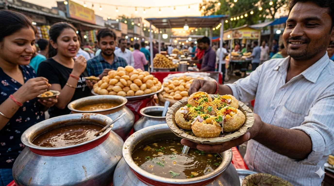 Plate of spicy Gupchup (panipuri) with tangy water and chutneys