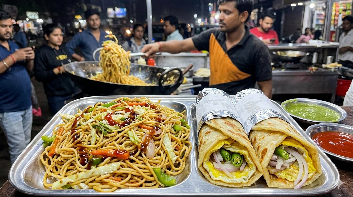 Delicious Odisha street food spread with chowmein and rolls