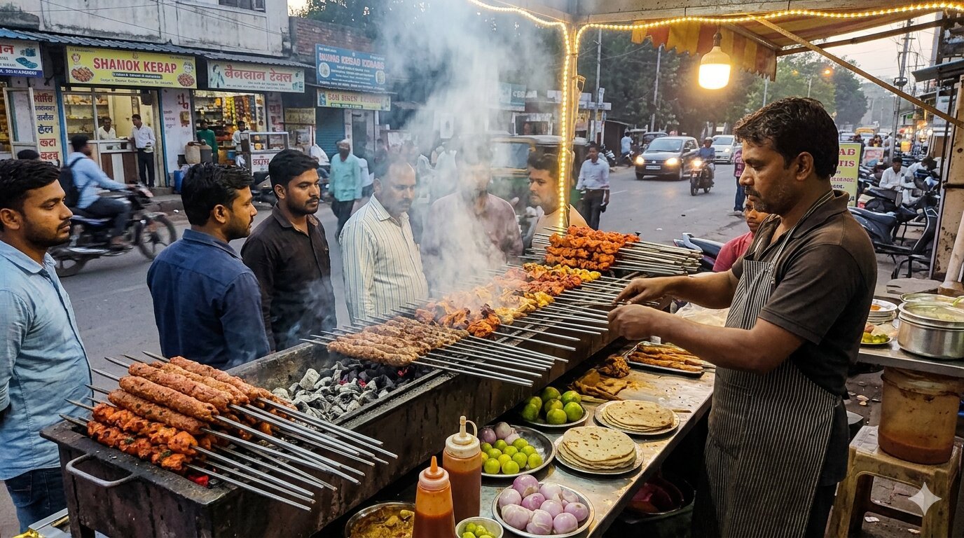 Shawarma wrap being prepared at a street food counter