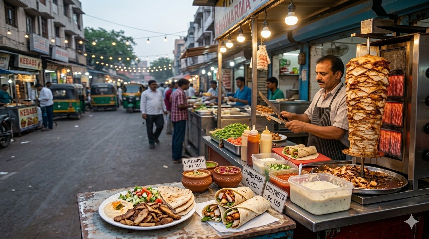 Shawarma wrap being prepared at a street food counter