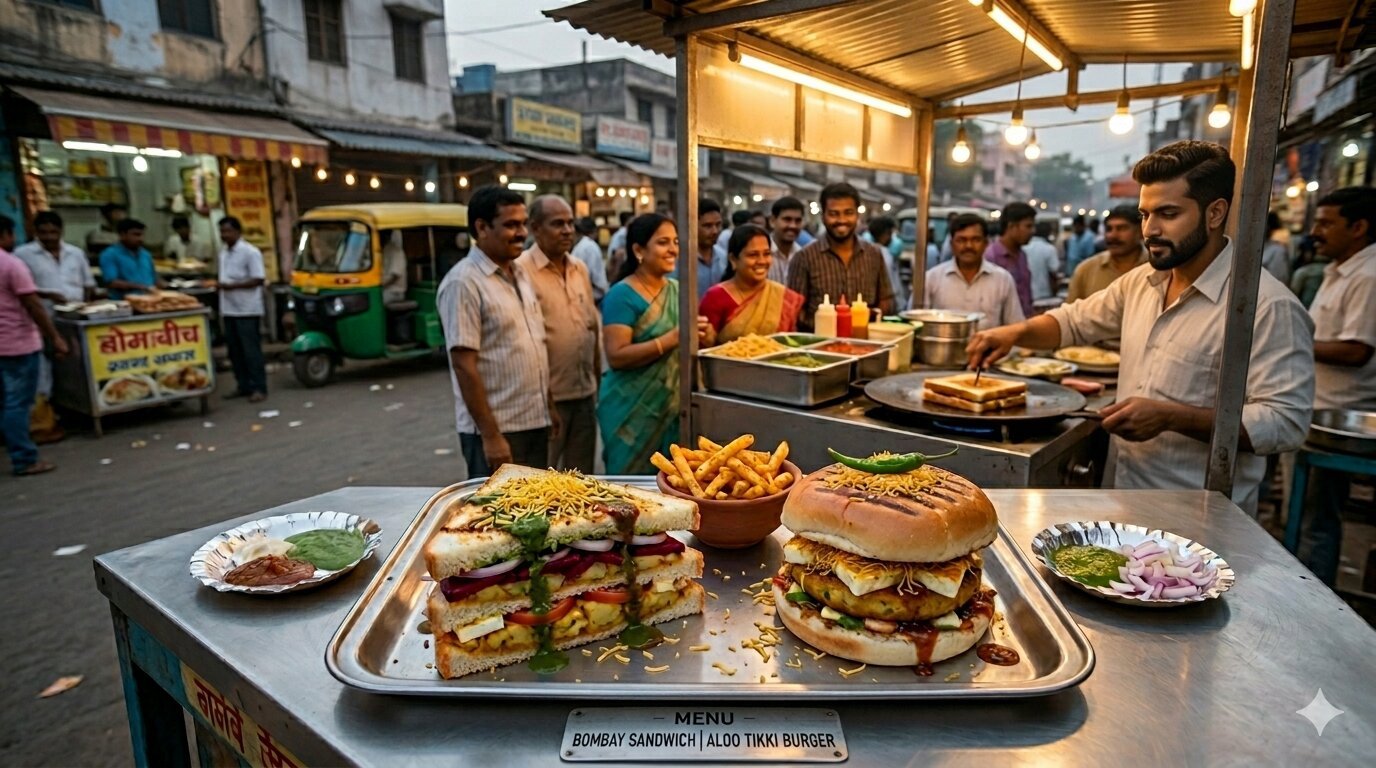 Freshly made burger and grilled sandwich with cheese, veggies and chutneys