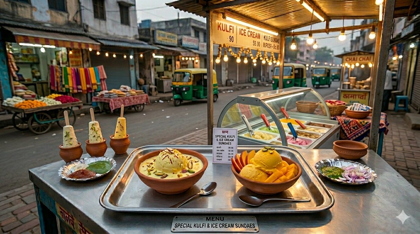 Refreshing kulfi and ice cream served as a sweet street food dessert