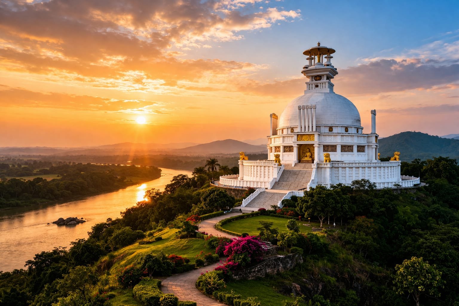 Dhauli Peace Pagoda Bhubaneswar white stupa with panoramic river view