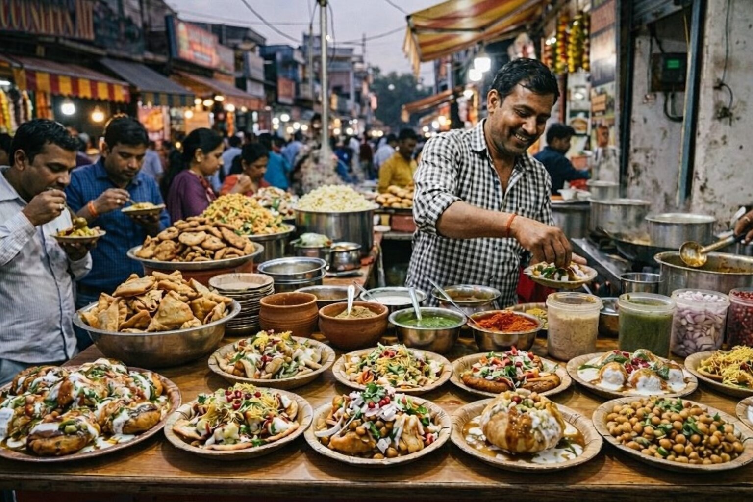 Street vendor preparing chaat dishes with customers enjoying food in Bhubaneswar market