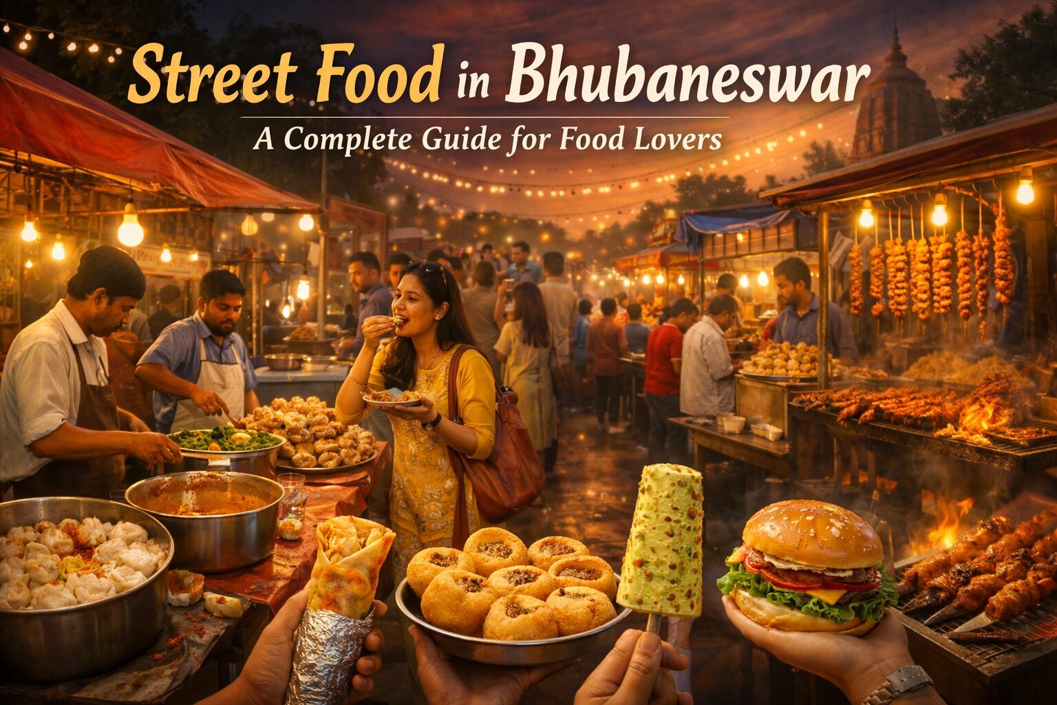 Lively evening street food scene in Bhubaneswar with stalls serving local and fast food