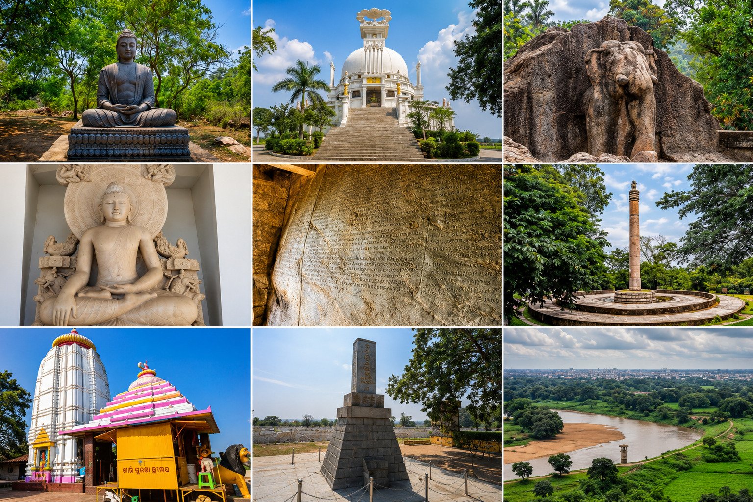 Discover the historic beauty of Dhauli with its iconic Shanti Stupa, Ashokan Rock Edicts, Rock Elephant, Ashoka Pillar, and Daya River views