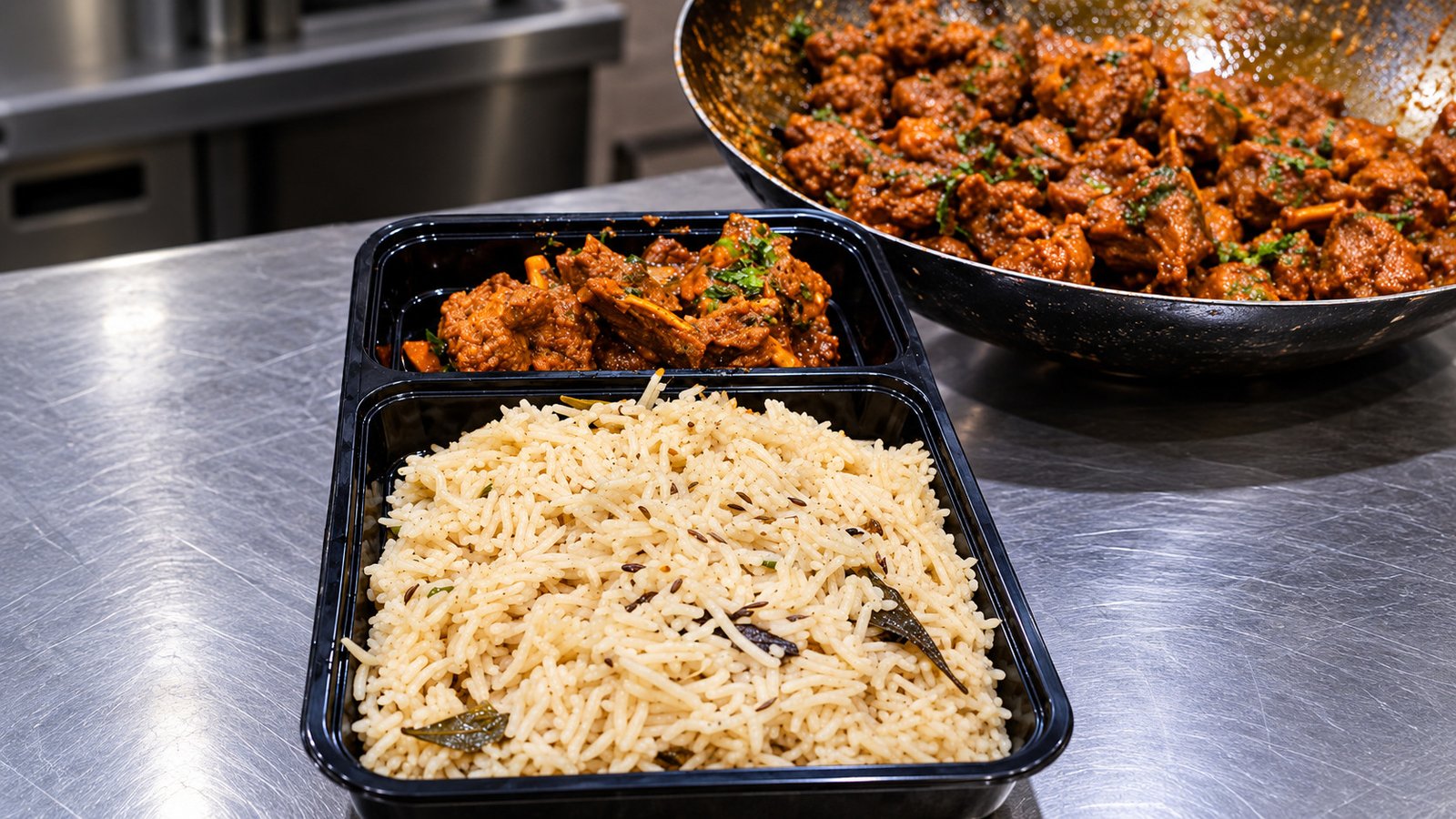 Bagara rice with chicken curry in a takeaway box