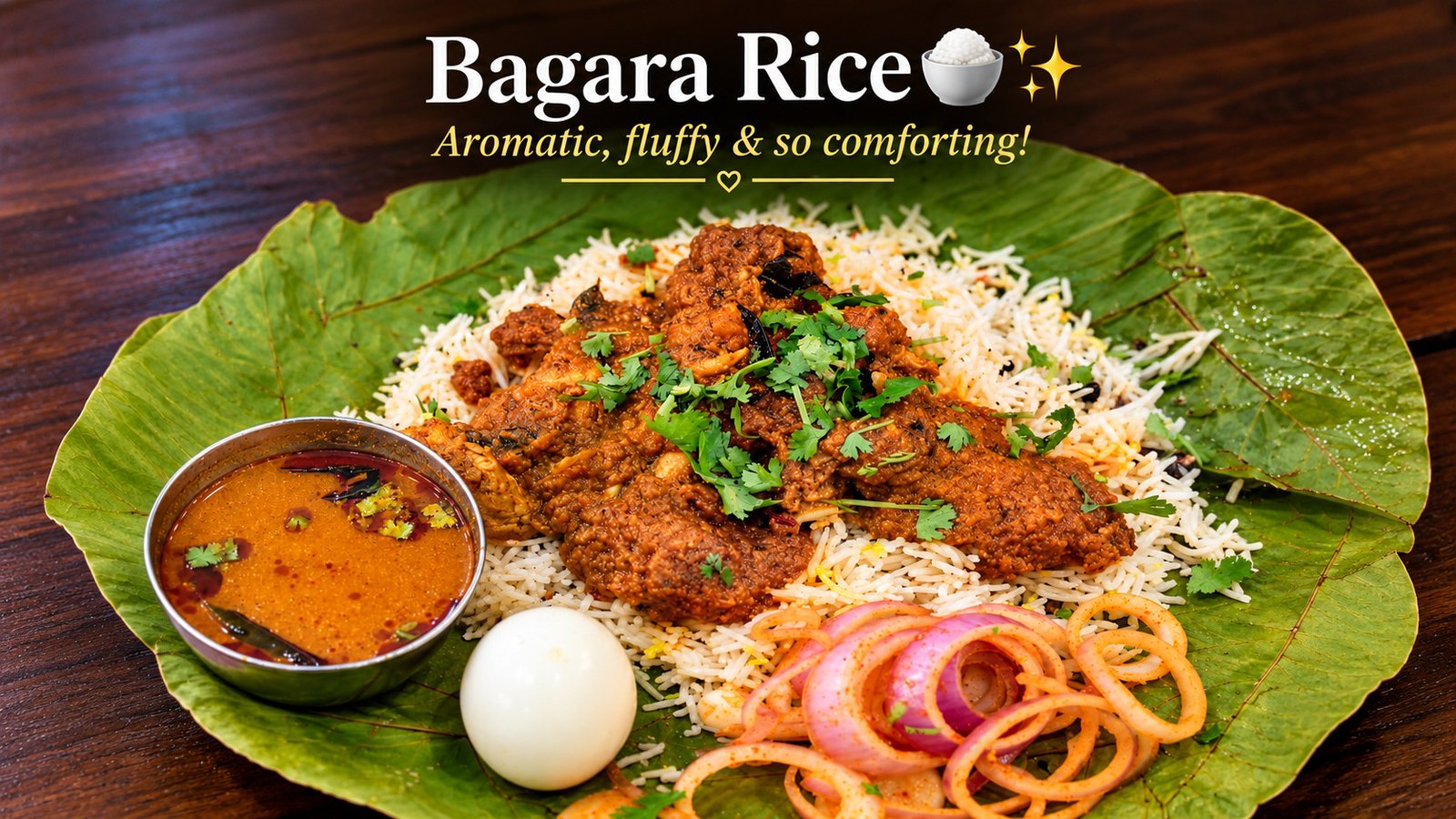 Bagara rice with chicken curry on sal leaf