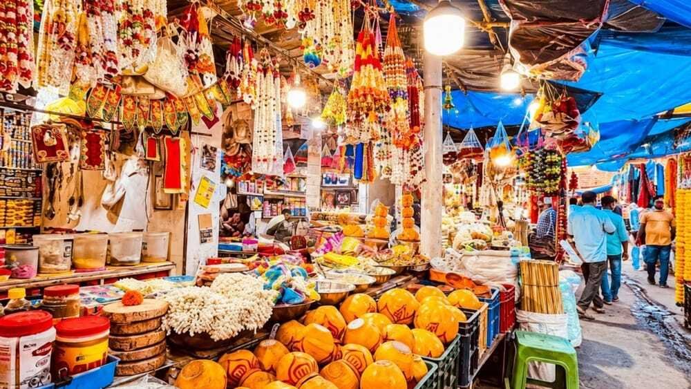 Unit 1 Market in Bhubaneswar with colorful flower garlands, traditional items and local vendors